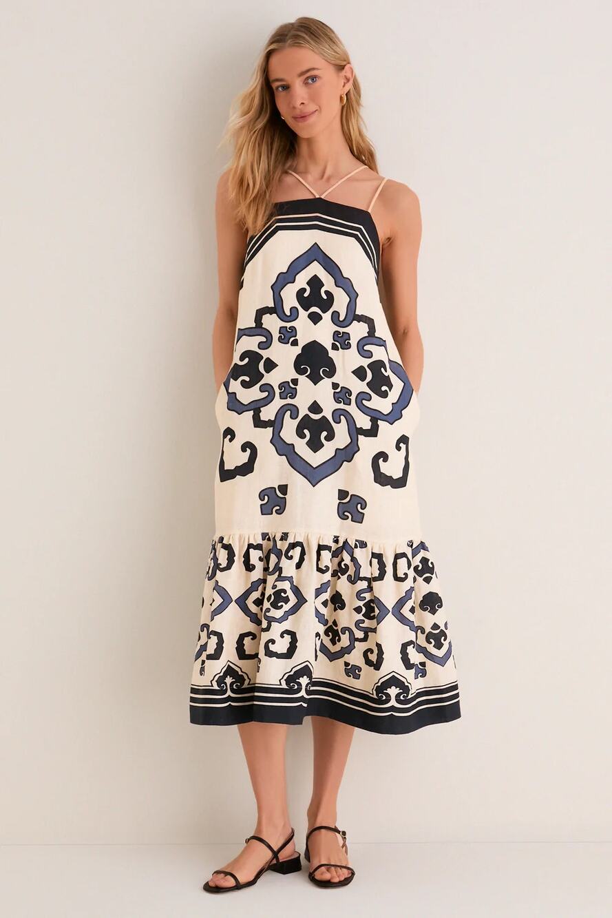 NWT Sea New York Blaise Print Spaghetti Strap A-Line Midi Dress Cream Black L